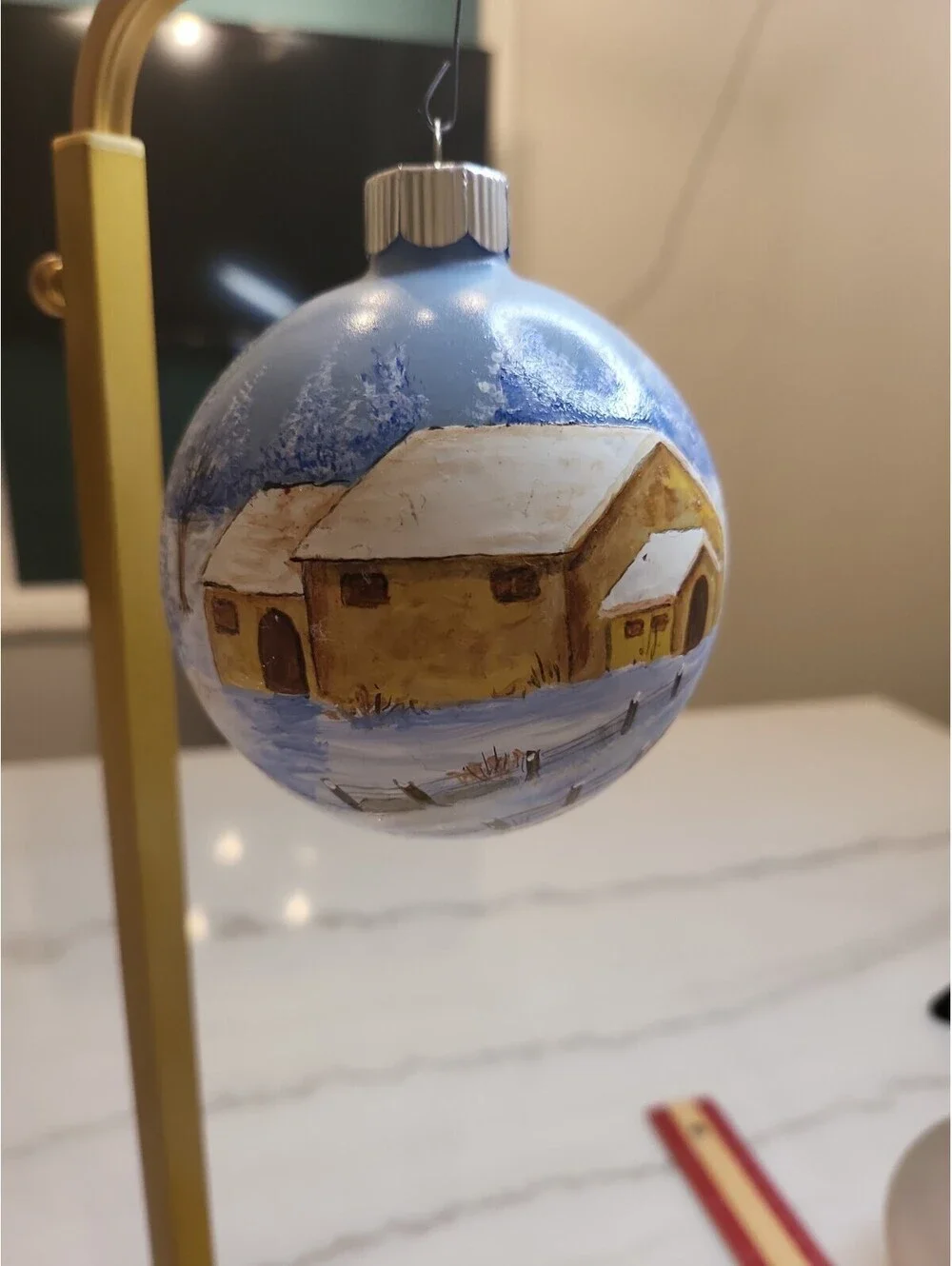 Vtg Glass Hand Painted Signed Ornament EUC Winter Snow Day Farm Scene 3.5” OOAK
